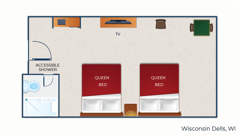 The floor plan for the accessible Double Queen Suite